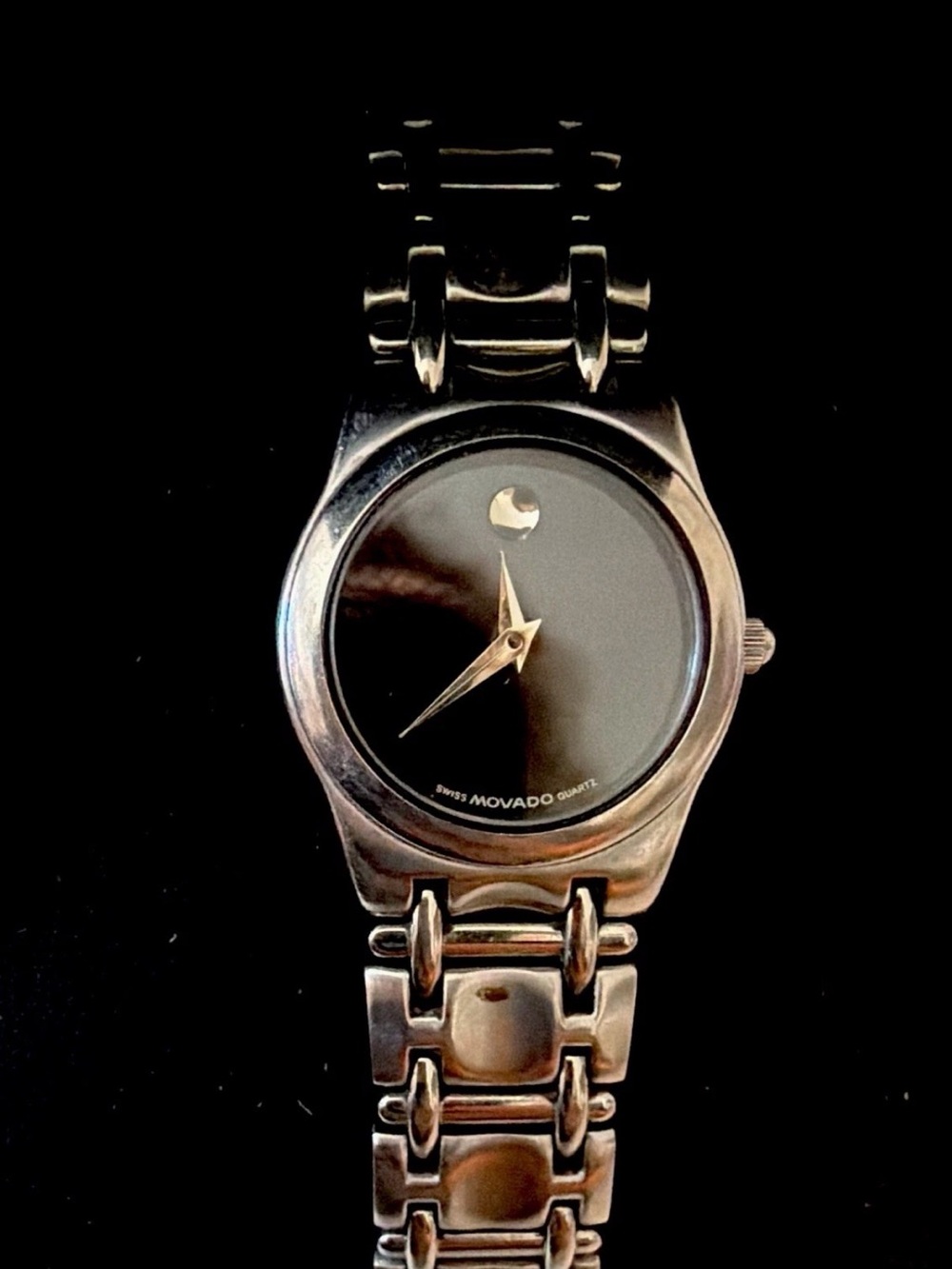 Movado Silver Bracelet Watch with Black Dial
